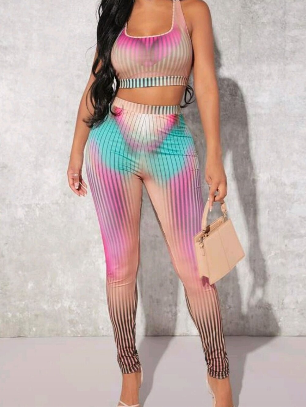 SHEIN Pink Multi Ribbed Tie-Dye Crop Tank & High-Waist Leggings Set. Never Worn